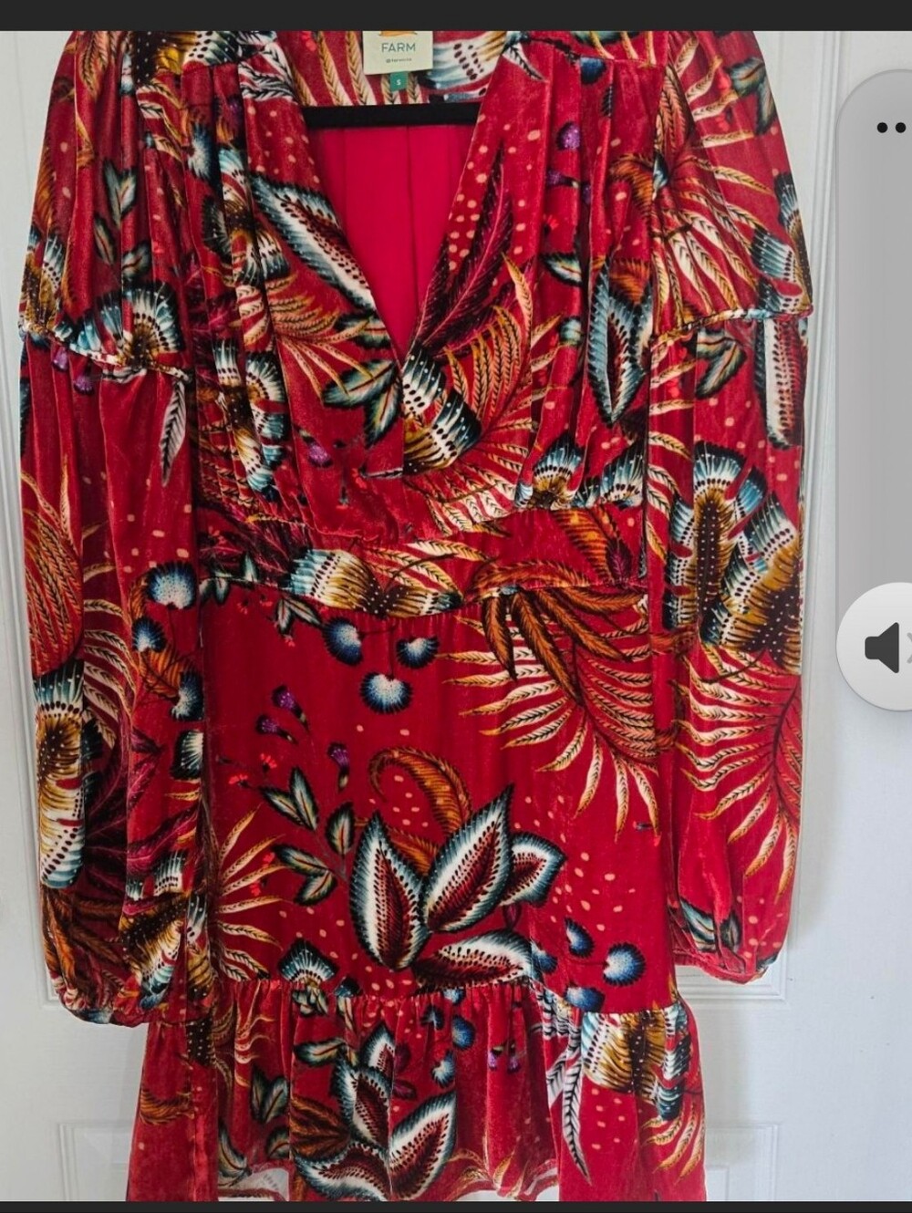 FARM Rio Red Tropical-Print Long-Sleeve V-Neck Mini Dress